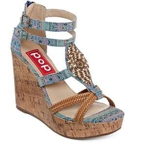 Tribal Print with Beading Detail Corked Wedges